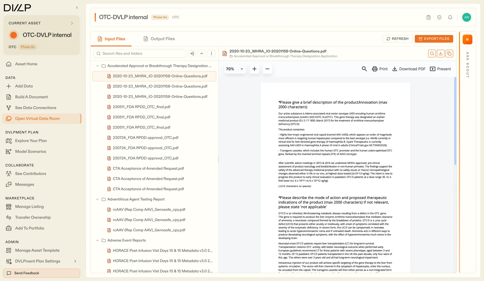 Virtual data room: a regulatory folder tree on the left and an inline PDF viewer on the right showing an MHRA questions document