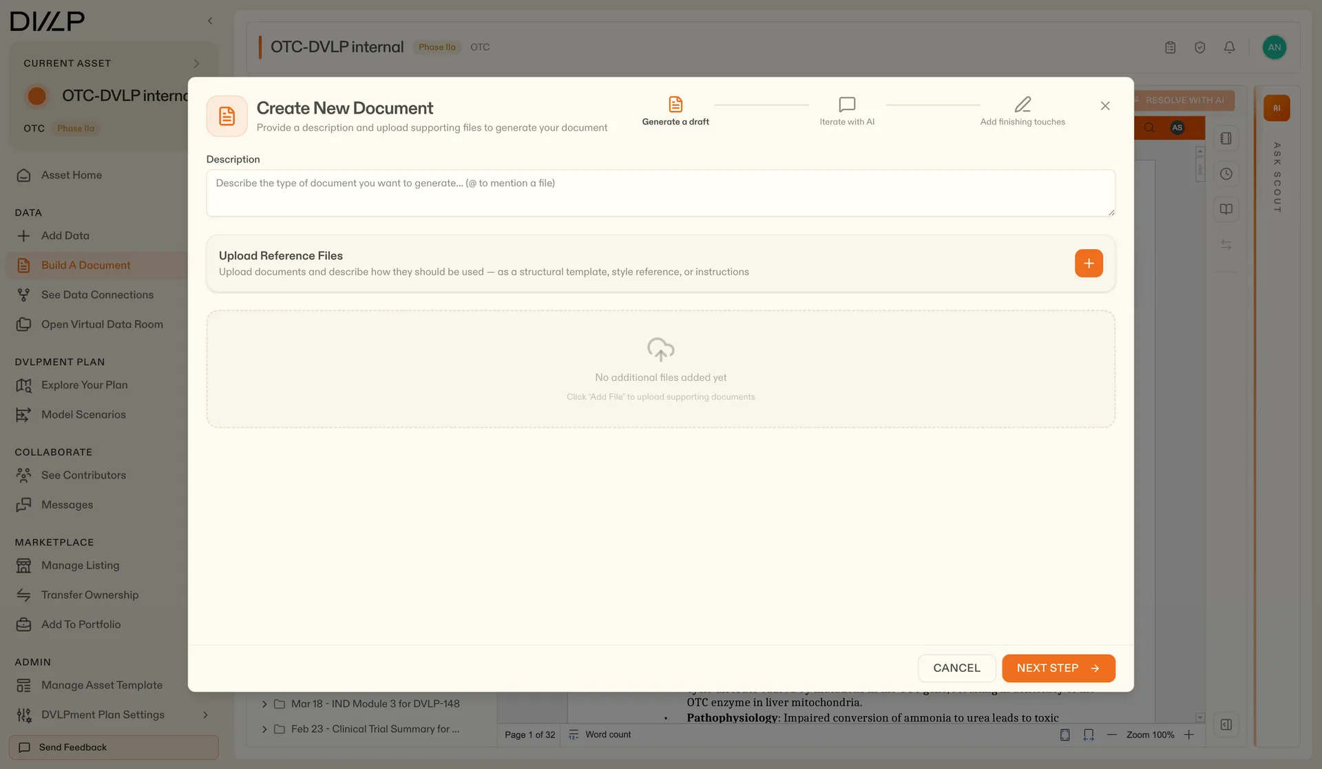 Create New Document modal with a free-text description field and an upload area for reference files