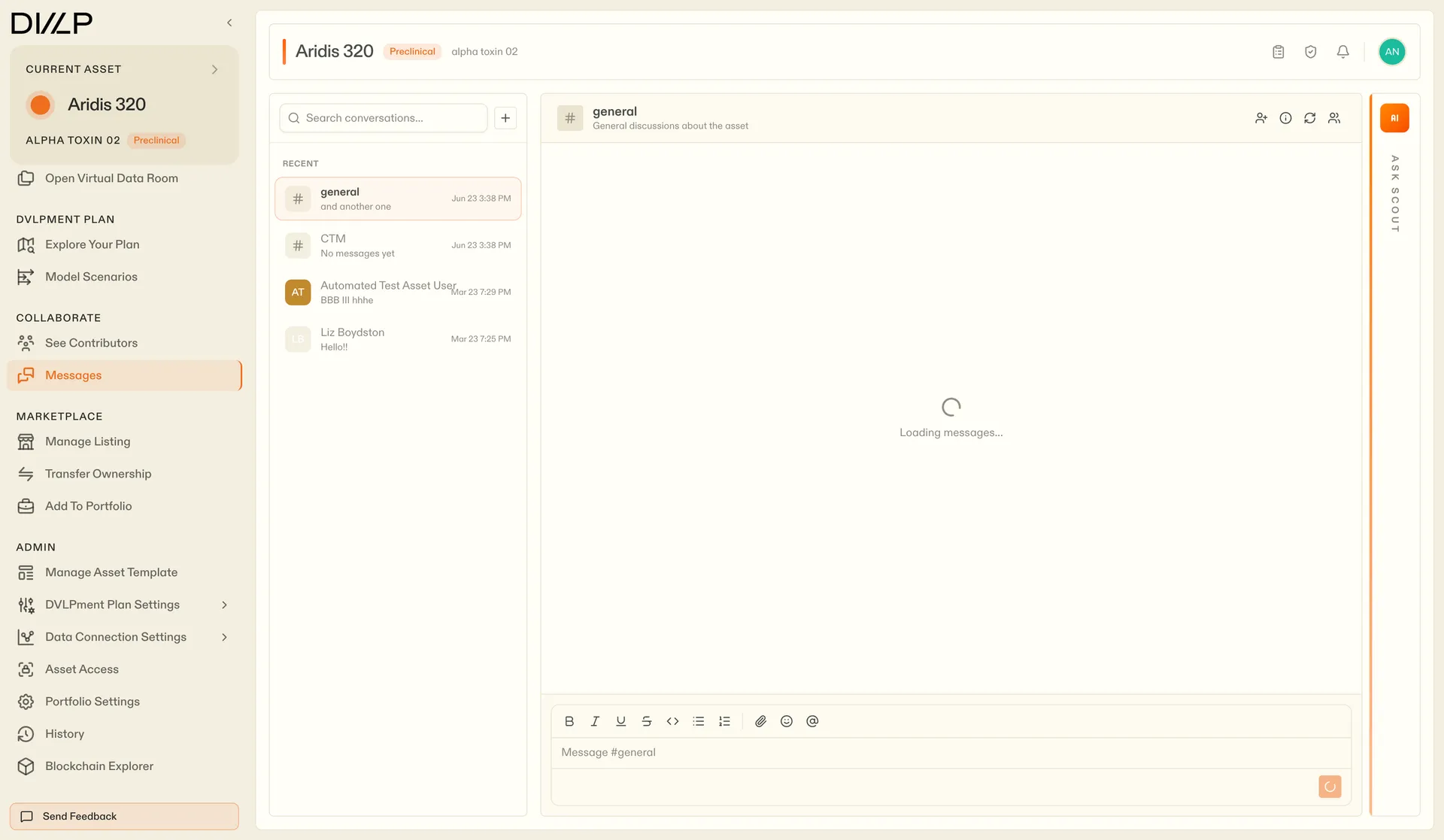Messages view with asset-scoped channels and direct messages in a sidebar and an open conversation thread
