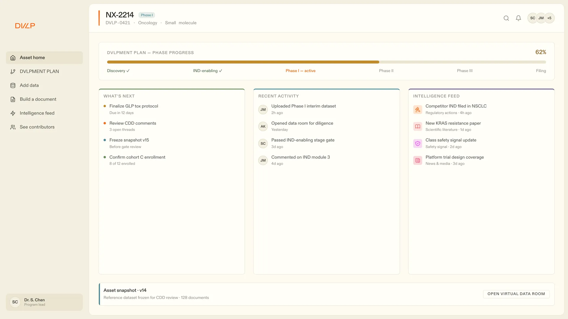 The asset home screen built from the design system: sidebar navigation, phase progress, activity feed, and inquiry panel, all on bone paper
