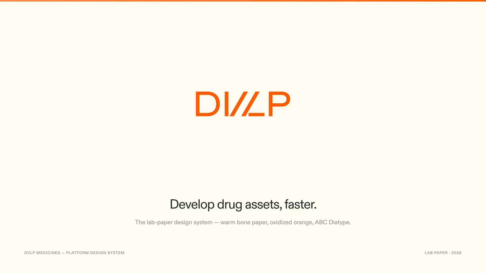 Cover board for the Lab Paper design system: the DVLP wordmark and system title set on a warm bone-paper background with a single oxidized orange accent