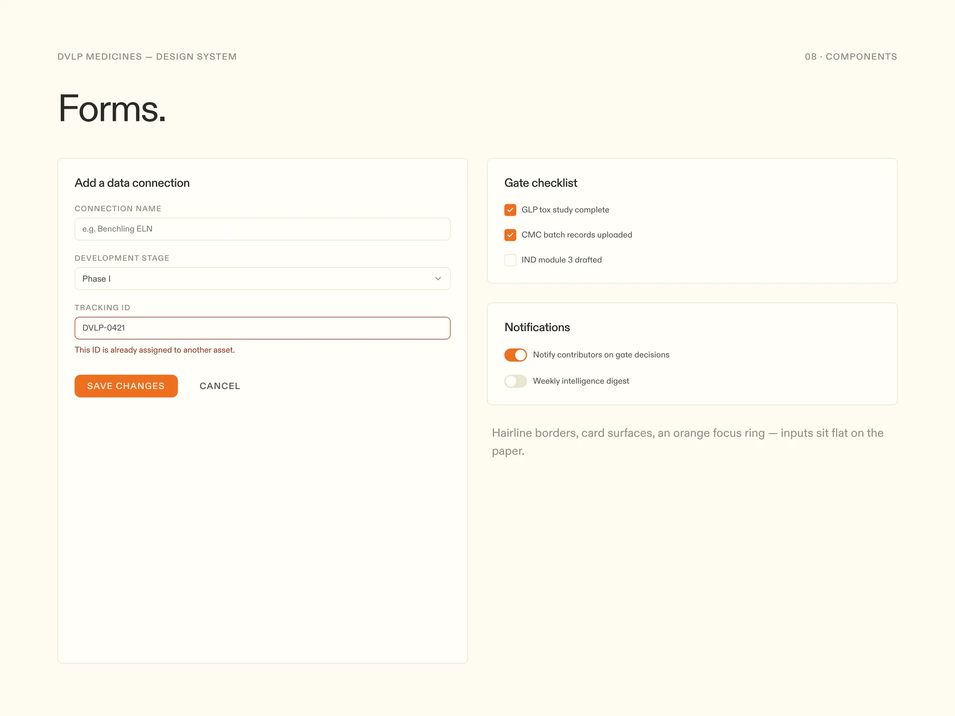 Forms board: text inputs, selects, textareas, checkboxes, and radio groups with label, helper, error, and disabled states