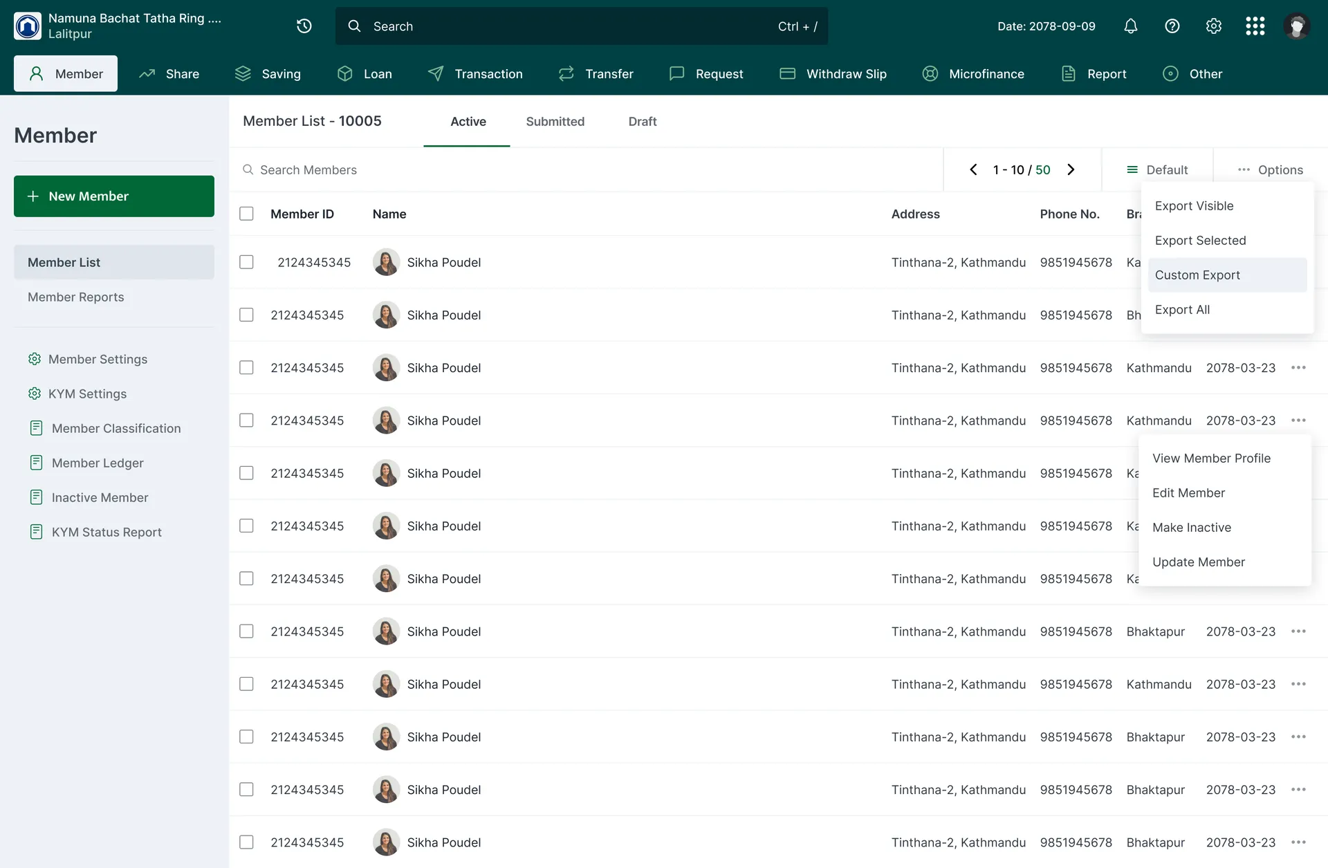 Myra member list in the English UI showing 10,005 members, a dark green navigation bar with Member, Share, Saving, Loan, Transaction, Transfer, Requests, Withdraw Slip, Microfinance, and Reports, an open export menu, and per-row profile actions