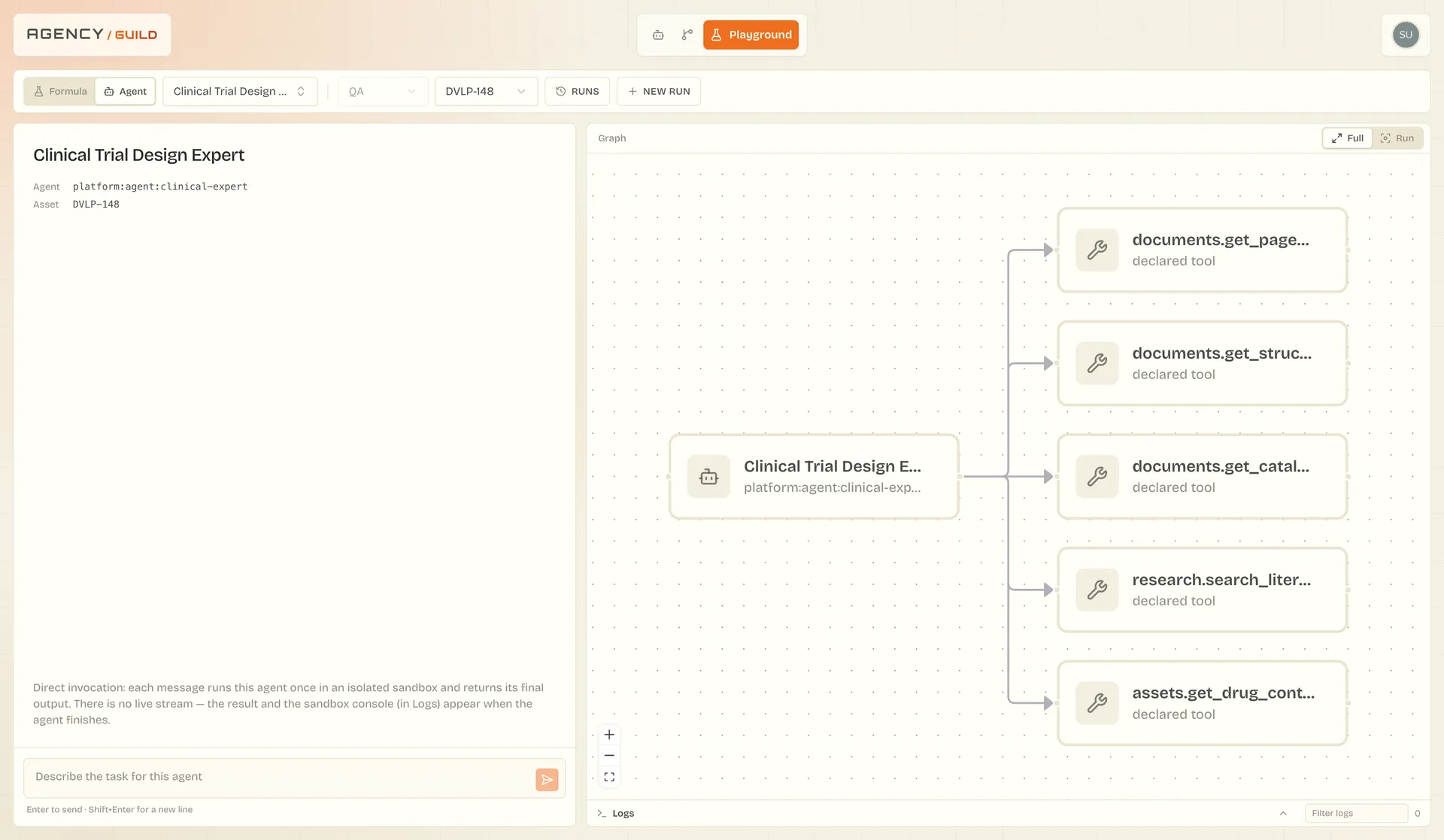 Direct agent invocation: a tool graph showing the agent's declared tools, including documents get page, research search literature, and assets get drug context