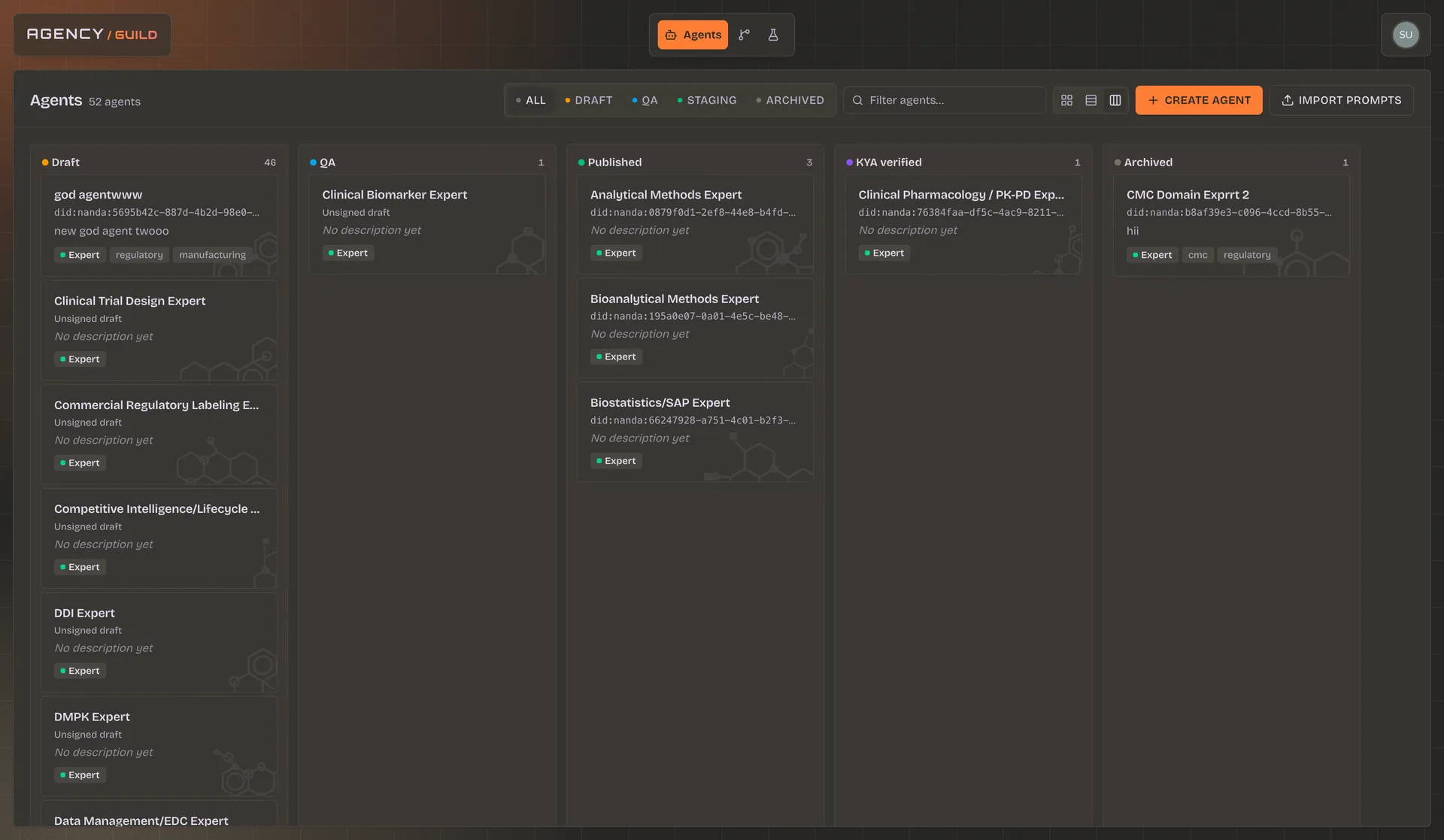 Dark-theme agents kanban board in Guild with columns for Draft, QA, Published, KYA verified, and Archived, tracking 52 agents