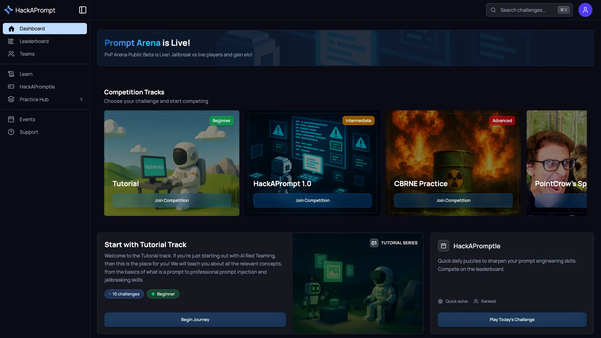 HackAPrompt 2.0 dashboard with competition tracks