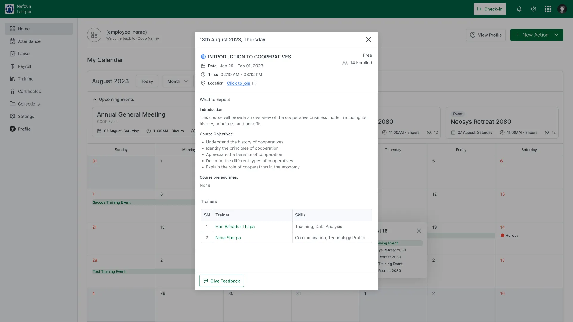 Myra employee app training calendar with event details