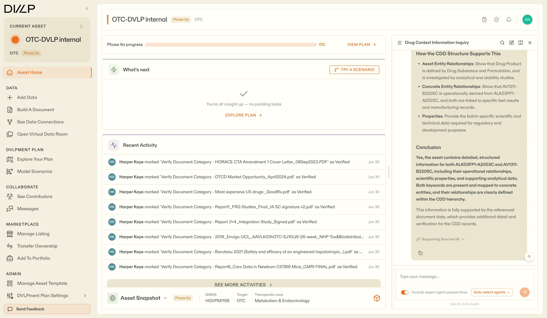 DVLP asset home with AI drug context inquiry panel