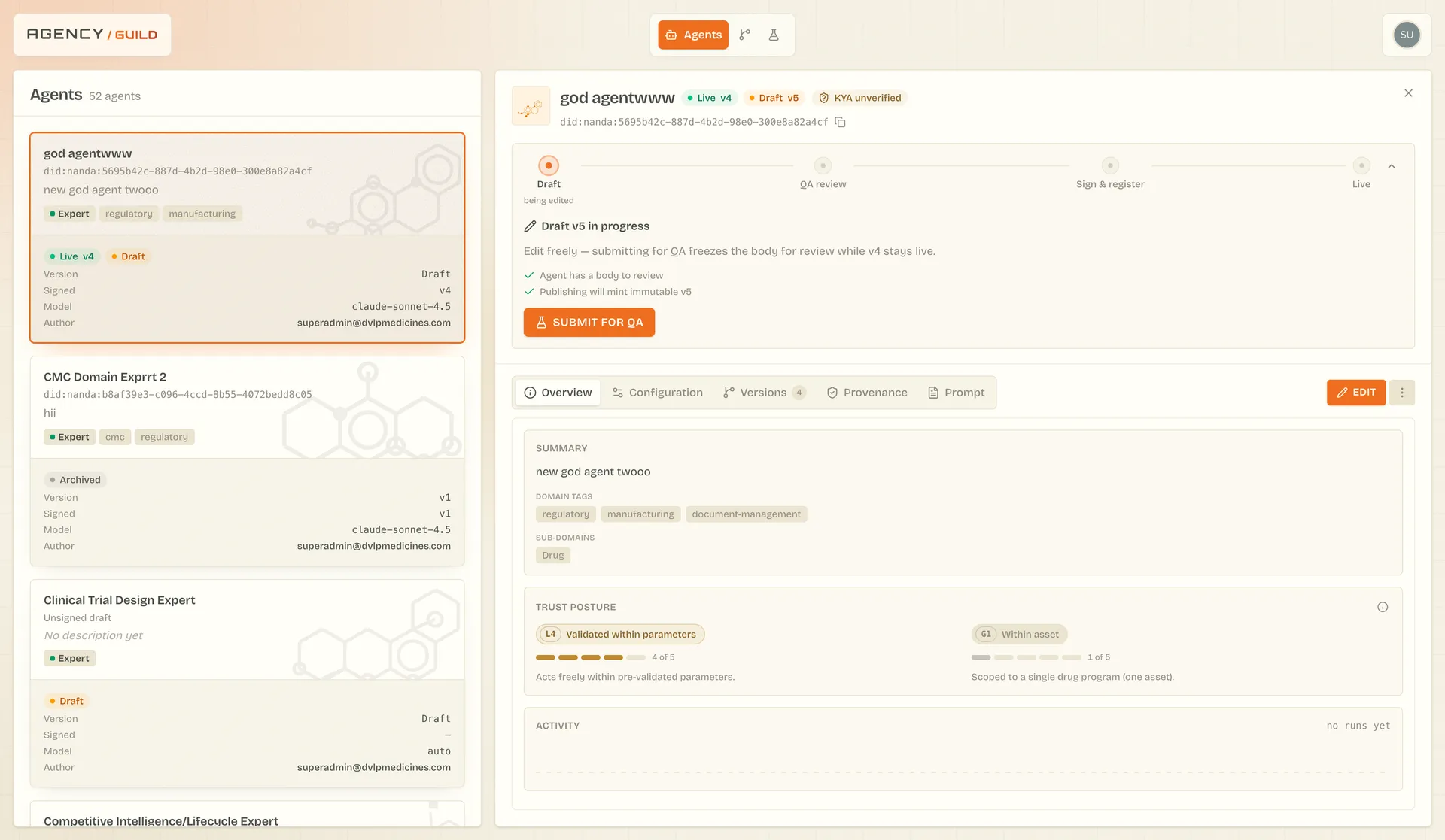 VIDI Guild agent detail with QA pipeline and trust posture