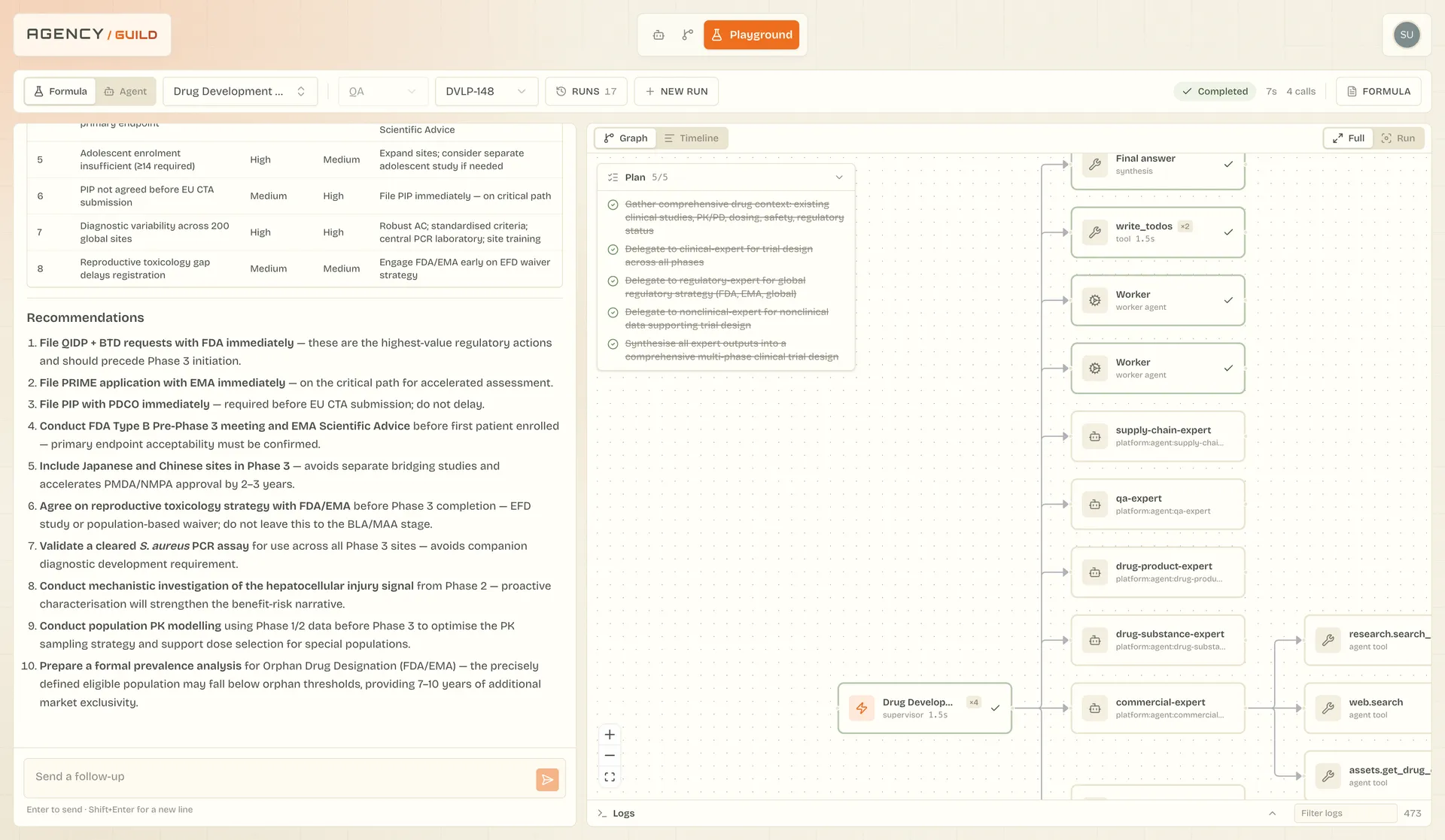 VIDI playground formula run with live agent flow graph